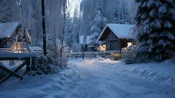 ai generatief pijnboom Woud in winter ineengedoken met een dik wit sneeuw deken foto