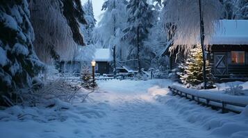 ai generatief pijnboom Woud in winter ineengedoken met een dik wit sneeuw deken foto