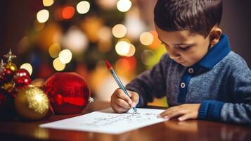 ai generatief dichtbij omhoog van kinderen van verschillend etniciteit en geslacht schrijven brief naar de kerstman foto