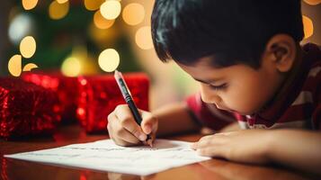ai generatief dichtbij omhoog van kinderen van verschillend etniciteit en geslacht schrijven brief naar de kerstman foto