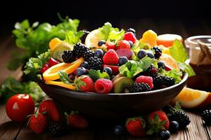 gezond fruit salade in houten kom Aan houten tafel, detailopname, salade met vers fruit en bessen Aan houten tafel, gezond voedsel, ai gegenereerd foto