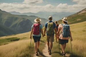 wandelaar wandelen samen in de bergen in de vakantie reis week, wandelen in de mooi Amerikaans natuur, generatief ai foto