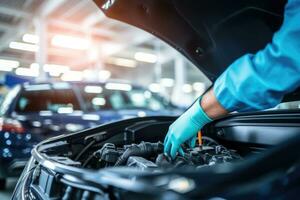 auto monteur werken in auto reparatie onderhoud. detailopname van mannetje handen in handschoenen repareren auto motor, selectief focus handen in handschoenen van deskundige technicus elektrisch auto, ai gegenereerd foto