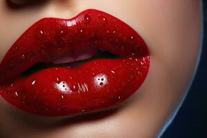 detailopname van mooi vrouw lippen met glanzend rood lippenstift. perfect maken omhoog, mooi vrouw sexy lippen, ai gegenereerd foto