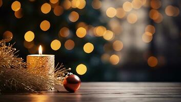 brandend kaars en Kerstmis decoratie Aan houten tafel tegen wazig feestelijk lichten. ai gegenereerd. foto