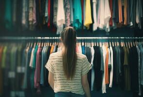 vrouw op zoek veel kleren Bij winkel rek. genereren ai foto