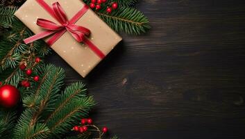 Kerstmis achtergrond met Spar boom takken, geschenk doos en decoraties Aan houten bord. ai gegenereerd. foto