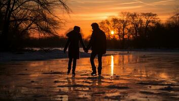 silhouet van een liefhebbend paar Aan de ijs van een bevroren meer Bij zonsondergang ai gegenereerd foto