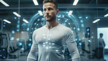 Mens in wit high Tech sportkleding. ai gegenereerd. foto