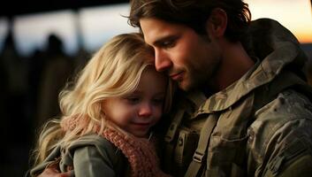 gelukkig vader en dochter in leger uniform knuffelen in leger kamp ai gegenereerd foto