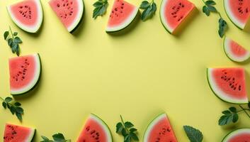 plakjes van rijp watermeloen met munt bladeren Aan limoen achtergrond ai gegenereerd foto