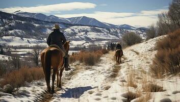 paard rijden in de bergen. winter landschap met paarden en een Mens. ai gegenereerd. foto