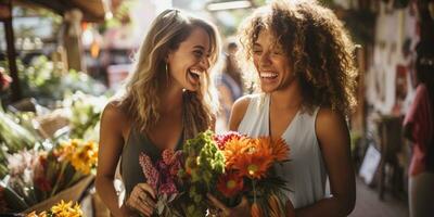 portret van twee glimlachen Dames Holding boeketten van bloemen Bij markt. ai gegenereerd. foto