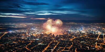 mooi vuurwerk Scherm over- nacht stadsgezicht ai gegenereerd foto