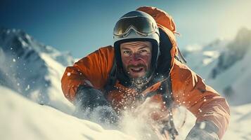 snowboarder in oranje jasje en helm Aan de achtergrond van bergen. ai gegenereerd. foto