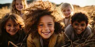 portret van glimlachen kinderen op zoek Bij camera in veld- gedurende herfst dag ai gegenereerd foto