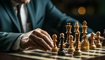 detailopname van een schaak speler spelen een spel van schaken. ai gegenereerd. foto