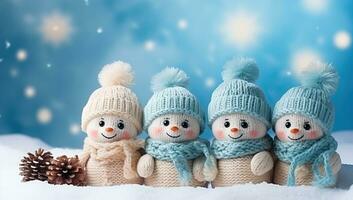 schattig sneeuwman familie in warm gebreid hoeden en sjaals ai gegenereerd foto