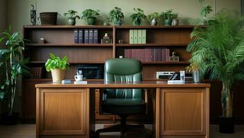 modern kantoor interieur met meubilair en planten. ai gegenereerd. foto