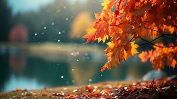 herfst landschap met een meer en vallend bladeren. ai gegenereerd. foto