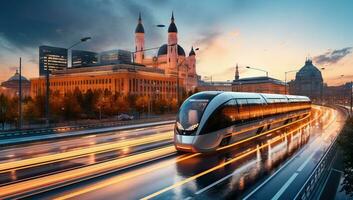 modern hoge snelheid trein in de stad ai gegenereerd foto