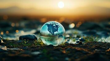 glas wereldbol met de beeld van de planeet aarde tegen de achtergrond van de instelling zon. ai gegenereerd. foto