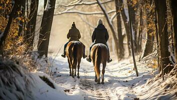 paard rijden in winter Woud. jong paar Aan een paard. ai gegenereerd. foto