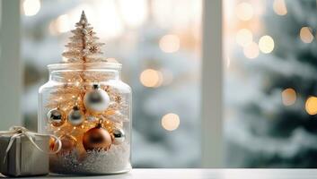 Kerstmis boom in glas pot met gouden lichten bokeh achtergrond ai gegenereerd foto