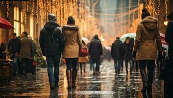 mensen wandelen Bij Kerstmis tijd ai gegenereerd foto