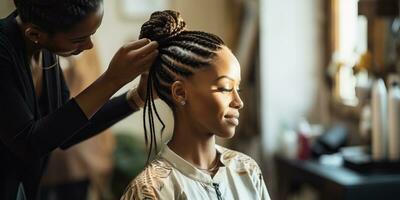 mooi Afrikaanse Amerikaans vrouw met dreadlocks in kappers salon. ai gegenereerd. foto