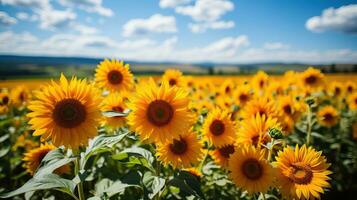 veld- van zonnebloemen Aan een achtergrond van blauw lucht. ai gegenereerd. foto