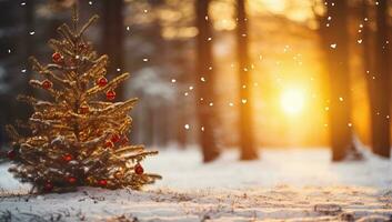 Kerstmis boom in winter Woud Bij zonsondergang. Kerstmis en nieuw jaar concept ai gegenereerd foto