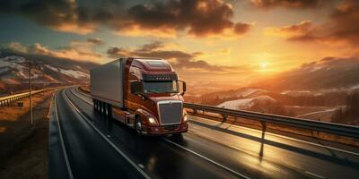 vrachtwagens het rijden Aan snelweg, landelijk landschap, dramatisch zonsondergang, vervoer Aan weg, ai generatief foto
