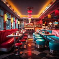 retro wijnoogst diner restaurant, interieur ontwerp, elegant oud fashioned ontwerp concept, ai generatief foto