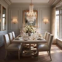 luxueus gemeubileerd dining kamer, aantrekkingskracht dining Oppervlakte, elegant interieur ontwerp, ai generatief foto