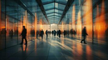 bedrijf mensen wandelen in modern futuristische lobby, wazig beweging, ai generatief foto