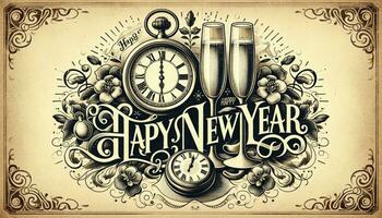 een gelukkig nieuw jaar wijnoogst kaart presentatie van een klok opvallend middernacht, Champagne bril, en overladen doopvont decoraties. ai gegenereerd foto