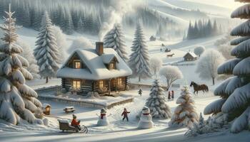 een sneeuw gedekt platteland gedurende Kerstmis met een vreemd huisje, kinderen gebouw sneeuwmannen, en een door paarden getrokken slee in de afstand. ai gegenereerd foto