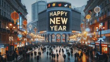 een bruisend stad straat gedurende nieuw jaar vooravond met gebouwen versierd met lichten, mensen wandelen, en een groot digitaal aanplakbord weergeven gelukkig nieuw jaar. ai gegenereerd foto