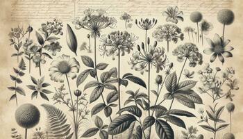 een illustratie van een botanisch tekening met gedetailleerd afbeeldingen van divers bloemen en planten. de ingewikkeld band werk en annotaties geven het een wetenschappelijk en antiek sfeer. ai gegenereerd foto