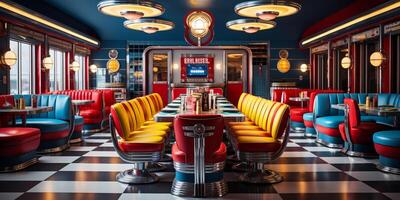 retro wijnoogst diner restaurant, interieur ontwerp, elegant oud fashioned ontwerp concept, ai generatief foto