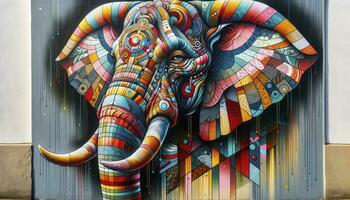 een artistiek muurschildering van een olifanten hoofd, mengen traditioneel symboliek met levendig kleuren en modern ontwerp. ai generatief. foto