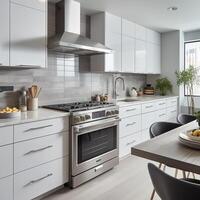 strak gemeubileerd keuken, elegant mooi Koken Oppervlakte, interieur ontwerp, ai generatief foto