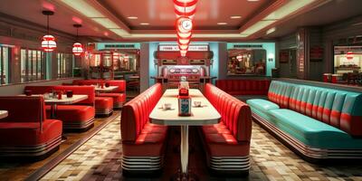 retro wijnoogst diner restaurant, interieur ontwerp, elegant oud fashioned ontwerp concept, ai generatief foto