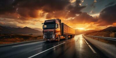 vrachtwagens het rijden Aan snelweg, landelijk landschap, dramatisch zonsondergang, vervoer Aan weg, ai generatief foto