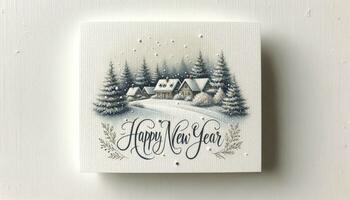 een gelukkig nieuw jaar kaart met een getextureerde papier af hebben, met een hand geschilderd winter dorp tafereel en sneeuwvlokken. ai gegenereerd foto