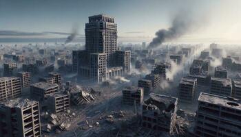 een door oorlog verscheurd stad, scherpstellen Aan een groot geruïneerd gebouw temidden van een troosteloos atmosfeer. ai gegenereerd foto