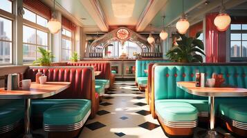 retro wijnoogst diner restaurant, interieur ontwerp, elegant oud fashioned ontwerp concept, ai generatief foto