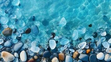 mooi glas strand, kleurrijk kiezels, fantasie zeegezicht, dromerig atmosfeer, ai generatief foto