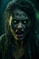 eng zombie met bloederig gezicht buitenshuis, detailopname. halloween monster, ai generatief foto